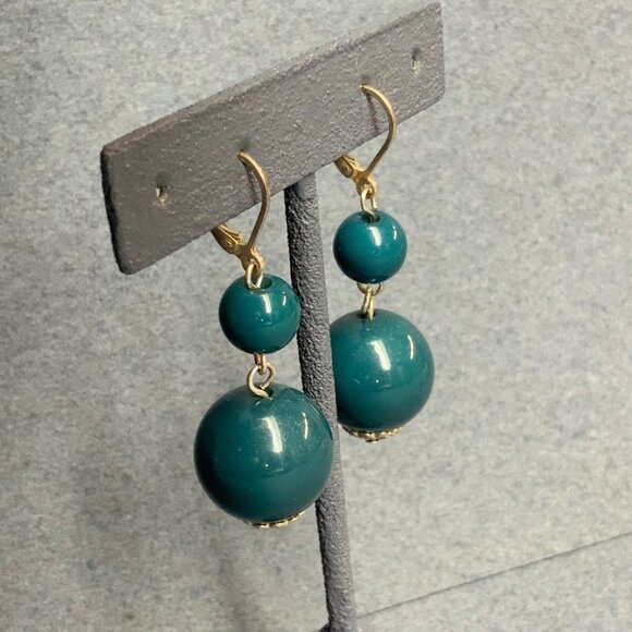 Double Dangle Pierced Earrings 2.5 In Round Bead Teal Blue Silver Drop Vintage - Picture 2 of 4
